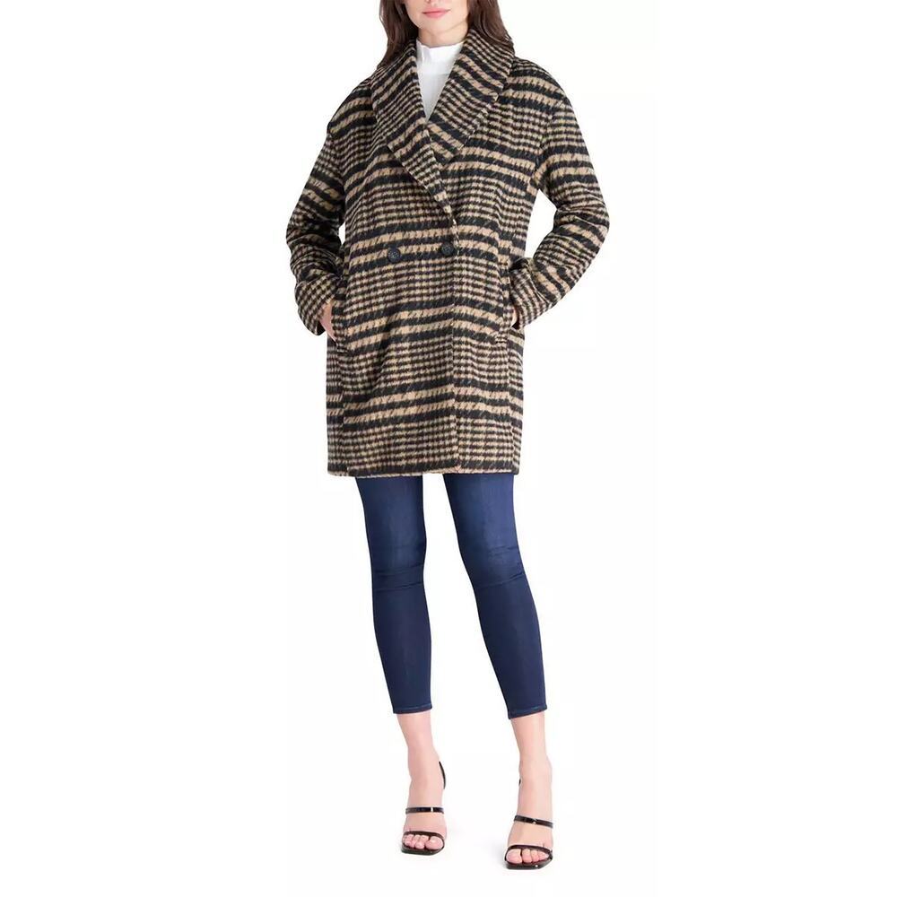 Avec Les Filles Women's Brushed Shawl Collar Houndstooth Plaid Jacket Black Tan - Picture 5 of 16